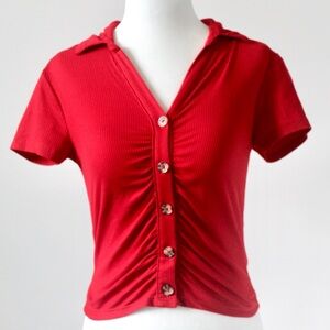 No Boundaries Red Cute Ruched Cropped Button-Up Shirt Top Small